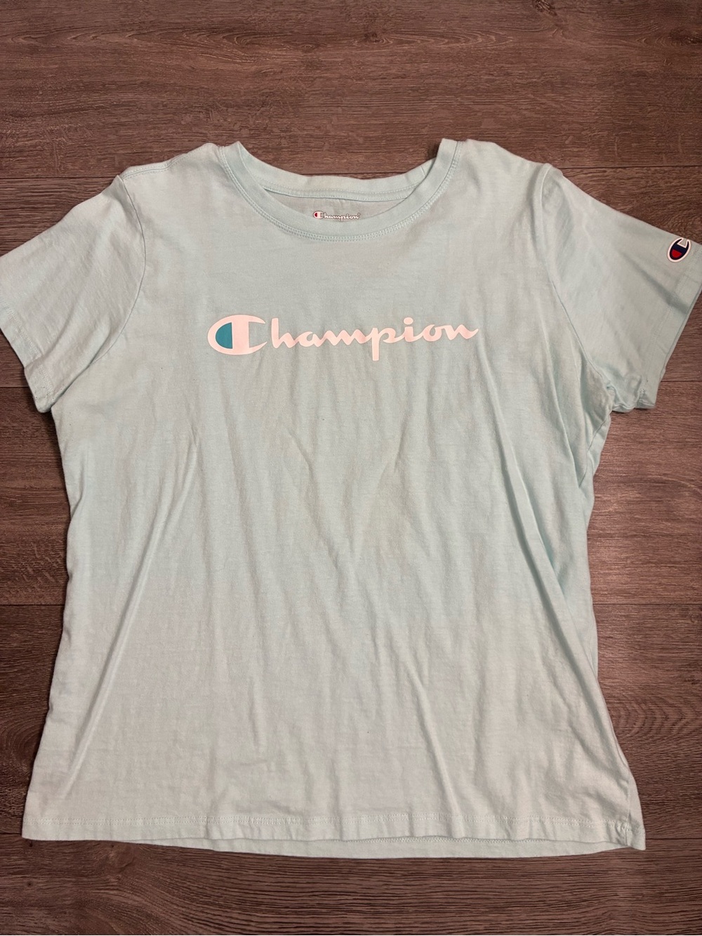Champion Light Blue Crewneck Tee with Red Logo Accent
